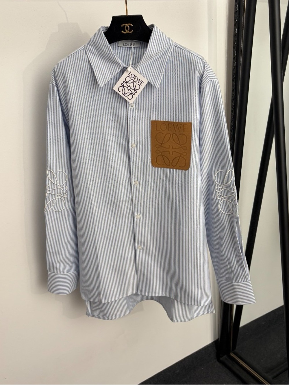 Loewe Blue & White Striped Dress Shirt with Tan Leather Patch
